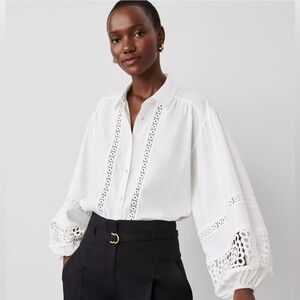 NWT Ann Taylor Embroidered Linen Blend Puff Sleeve Blouse White XS